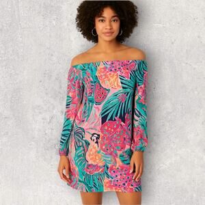 Lilly Pulitzer Off Shoulder Dress M Tropical Print Long Sleeve Boho Chic